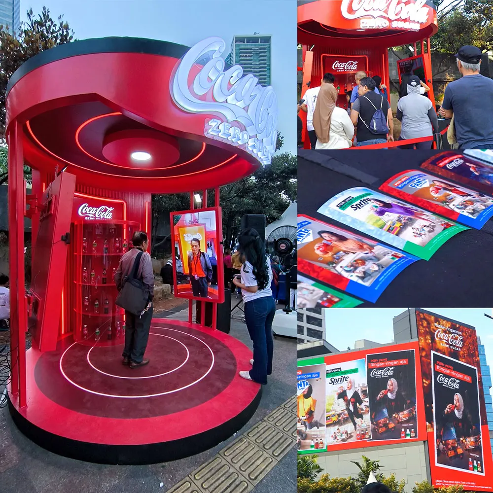 Outdoor activation collage: red cylindrical kiosk with floor light rings and a portrait screen, a visitor queue, printed cards and billboards