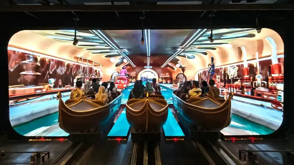 Boat ride through curved immersive LED walls at the Garudafood Chocolatos X-Quest on-ground digital activation